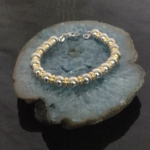 7 1/2”SterlingSilver Beads(7mm) W/24K YelowGld/925 - Picture 2 of 8